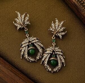 Art Nouveau Leaf VTG Antique Museum Medieval CZ Cabochon Deco Gold Court Palace